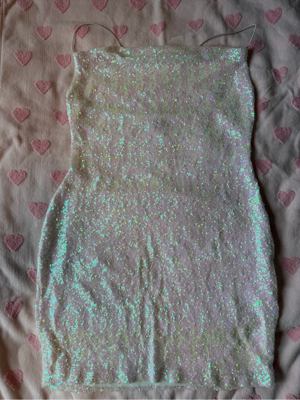 B Darlin Iridescent Sequin Slip Dress - White with Green And Pink sheen.